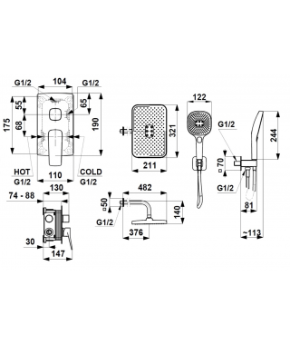 KFA MALAGA CHROM ZESTAW PODTYNKOWY Z BATERIĄ NATRYSKOWĄ 4529-501-00
