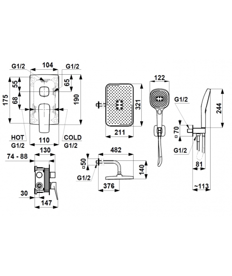 KFA MALAGA CHROM ZESTAW PODTYNKOWY Z BATERIĄ NATRYSKOWĄ 4529-501-00
